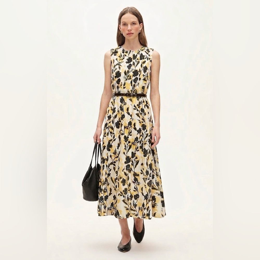 J. Crew Floral Yellow Seamed Pleated Belted Cotton Midi Dress Size Small Resort